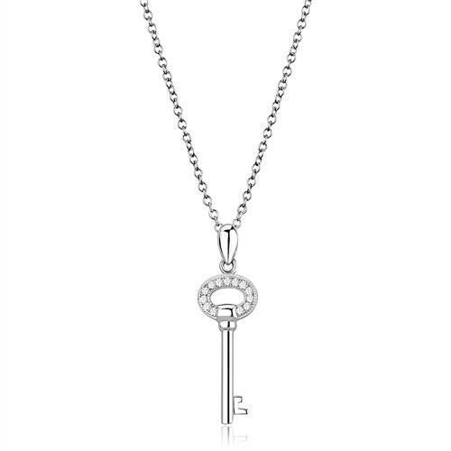 3W1379 - Rhodium 925 Sterling Silver Chain Pendant with AAA Grade CZ  in Clear