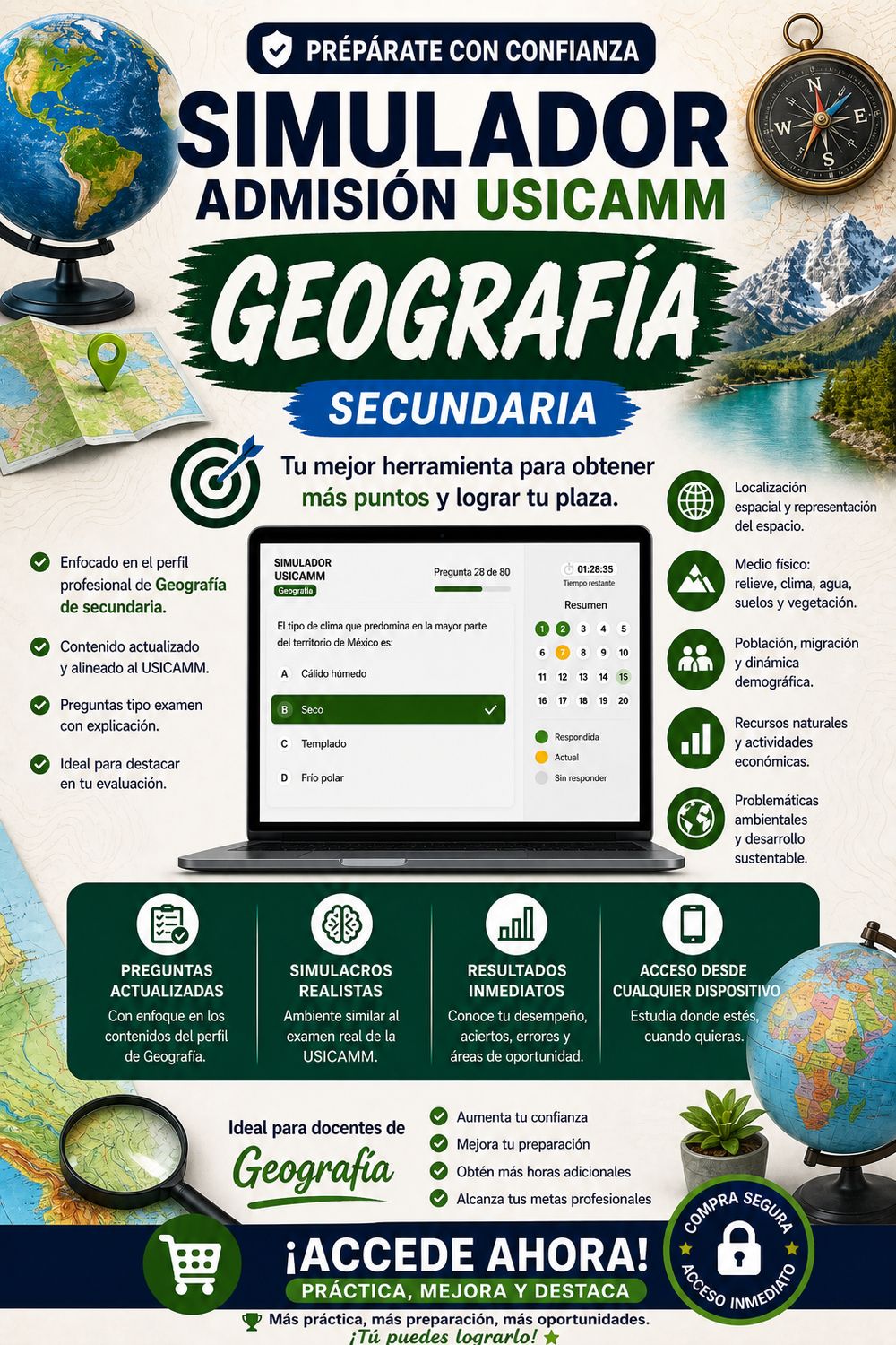 Simulador USICAMM 2026 — Admisión Geografía (Secundaria)