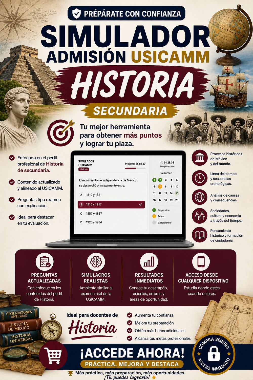 Simulador USICAMM 2026 — Admisión Historia (Secundaria)