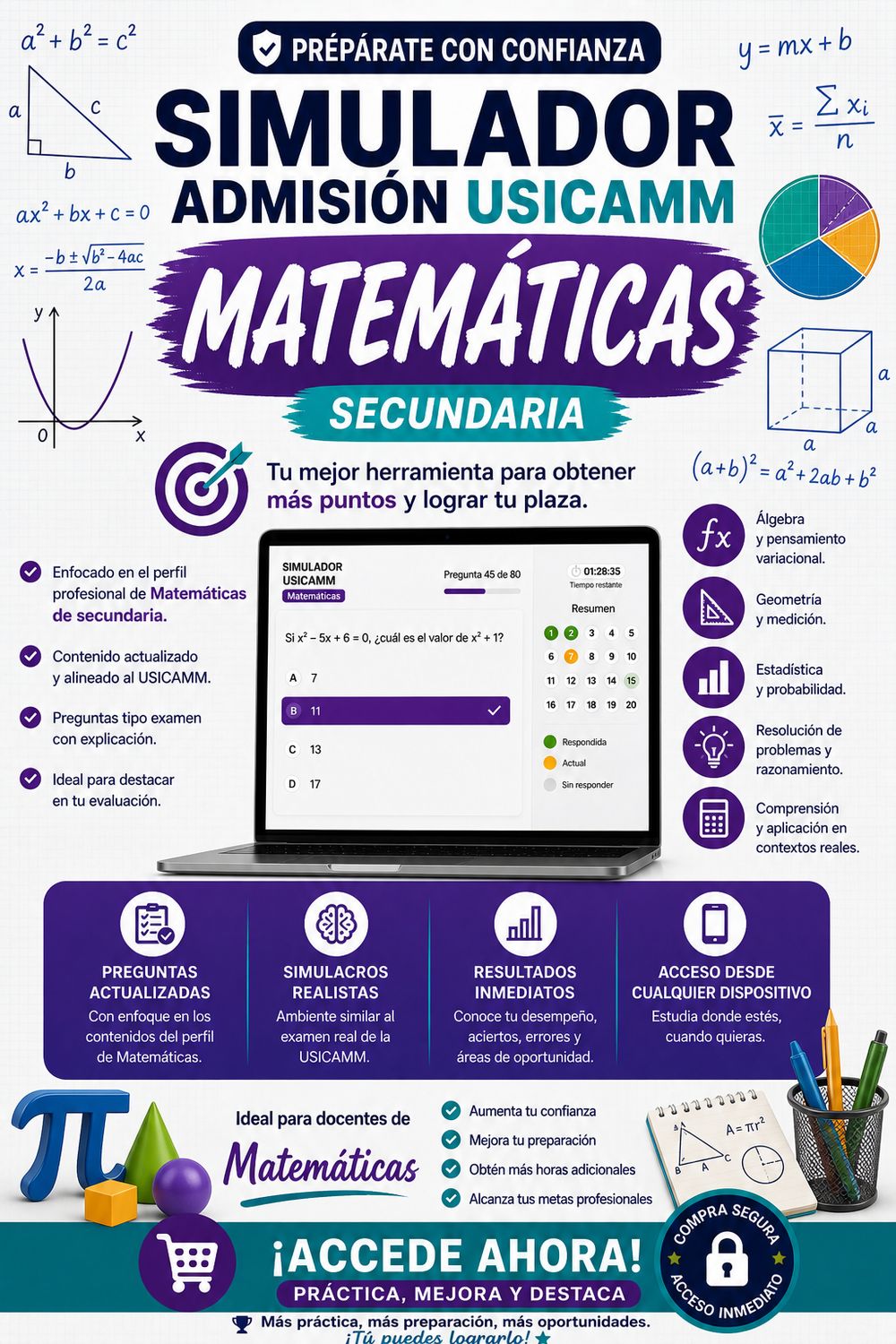 Simulador USICAMM 2026 — Admisión Matemáticas (Secundaria)
