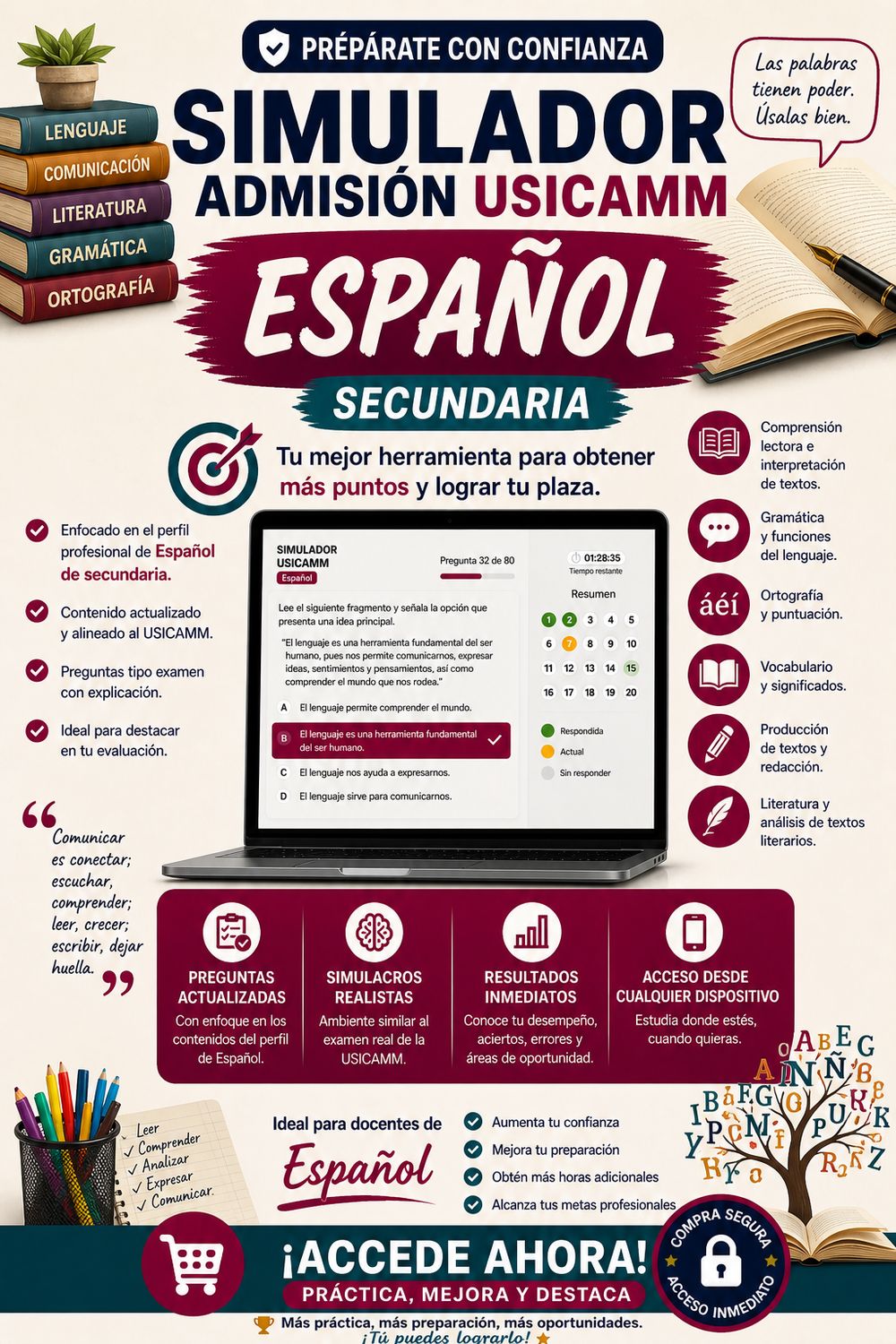 Simulador USICAMM 2026 — Admisión Español (Secundaria)