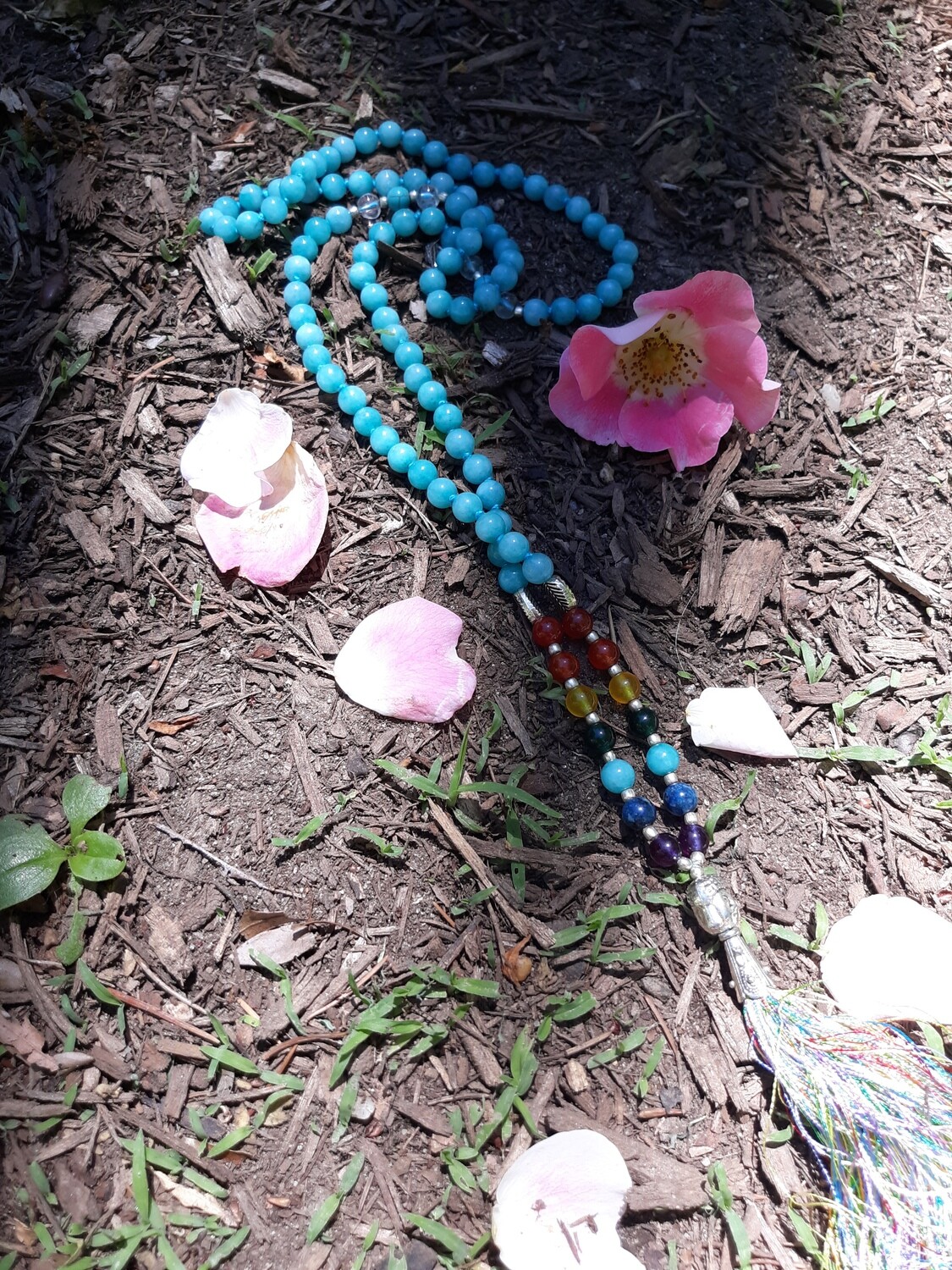 108 bead Blue Quartz Mala Necklace with 7 Chakra Stones (small stones)