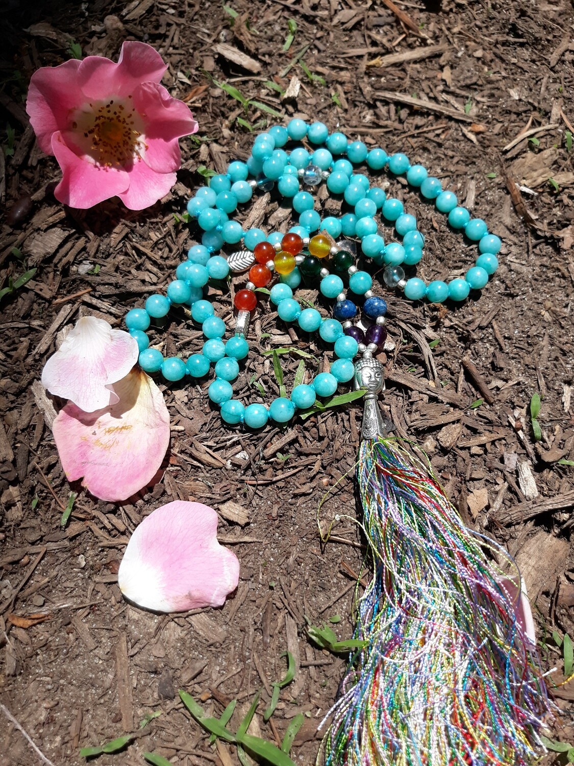 108 bead Blue Quartz Mala Necklace with 7 Chakra Stones (small stones)