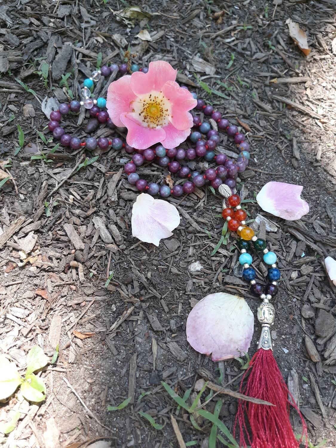 Purple Tourmaline - 7 chakra 108 Stone Mala Necklace - small beads