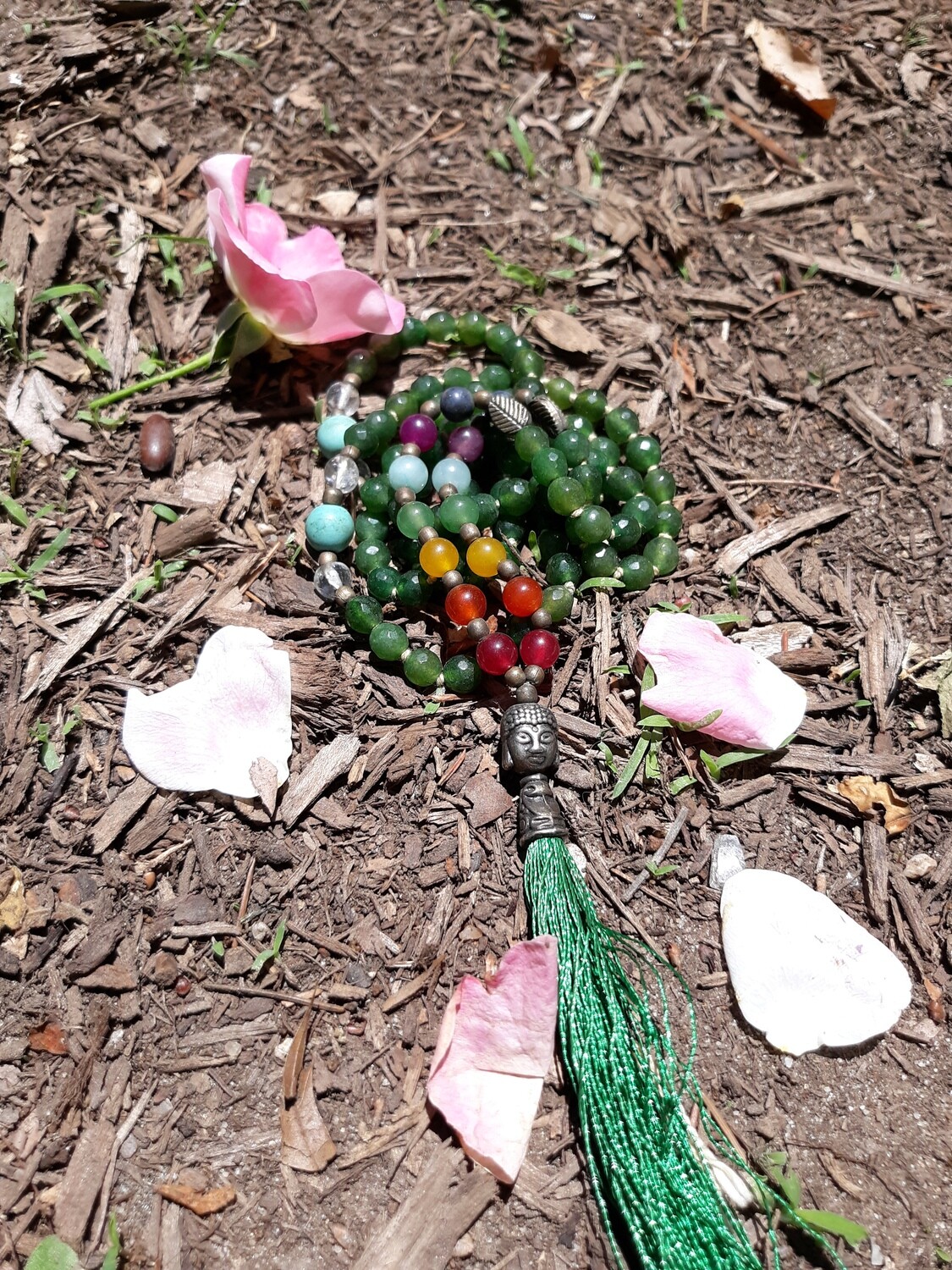 108 bead Jade Mala Necklace with 7 Chakra Stones (small stones)