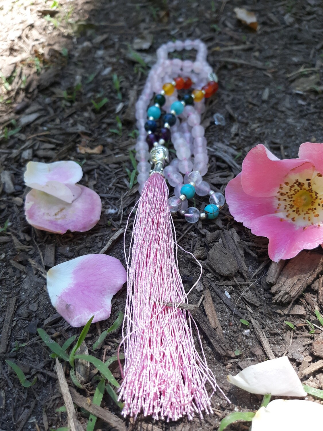 108 bead Rose Quartz Mala Necklace with 7 Chakra Stones (small stones)