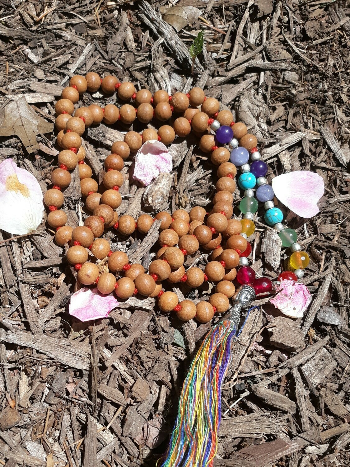 108 Bead Sandalwood and 7 Chakra Stone Mala Necklace (large stones)