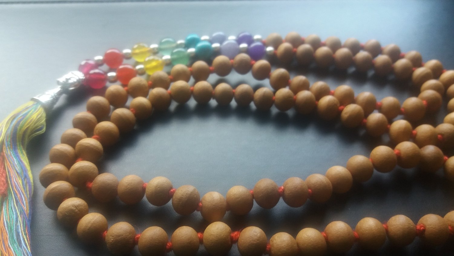 108 Bead Sandalwood and 7 Chakra Stone Mala Necklace (large stones)