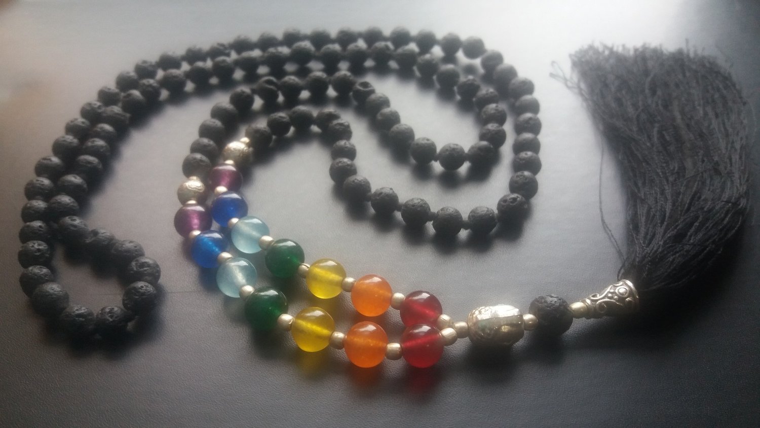 108 bead Lava Mala Necklace with 7 Chakra Stones