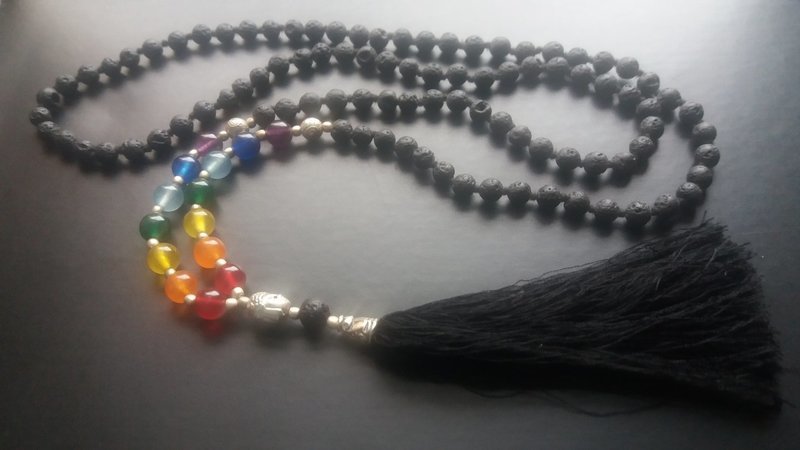 108 bead Lava Mala Necklace with 7 Chakra Stones