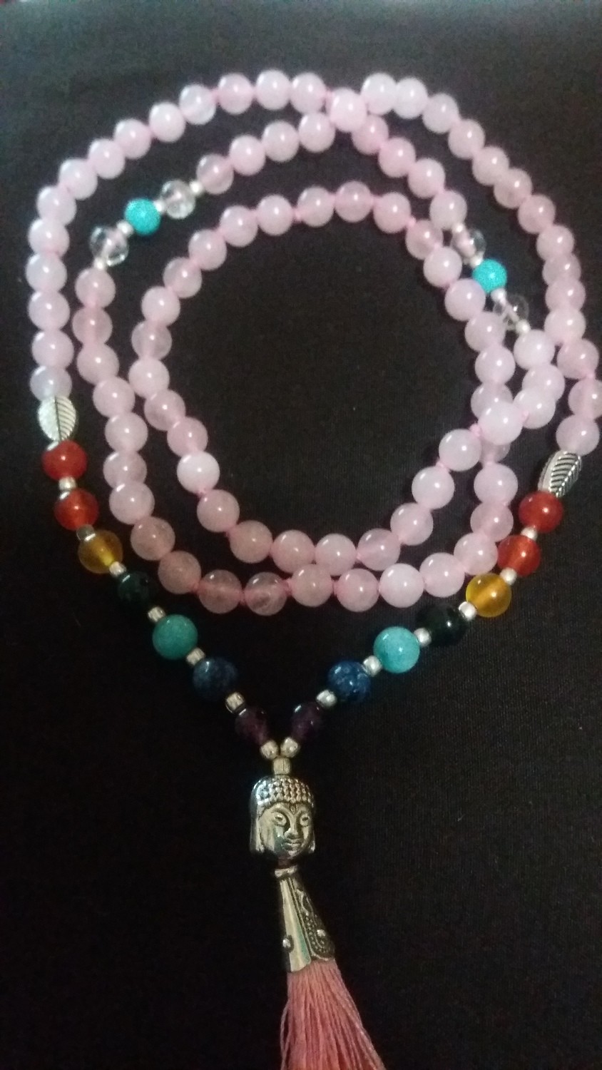 108 bead Rose Quartz Mala Necklace with 7 Chakra Stones (small stones)