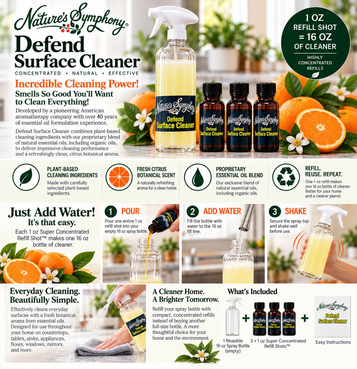 Starter Kit: 1 Reusable 16 oz Spray Bottle 3 Concentrated 1 oz Refills