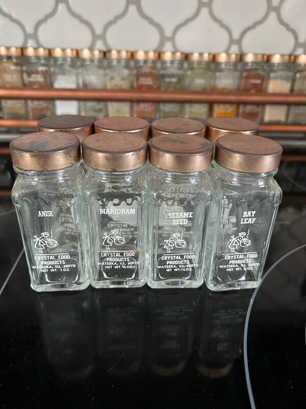8 Vintage Crystal food products spice jars
