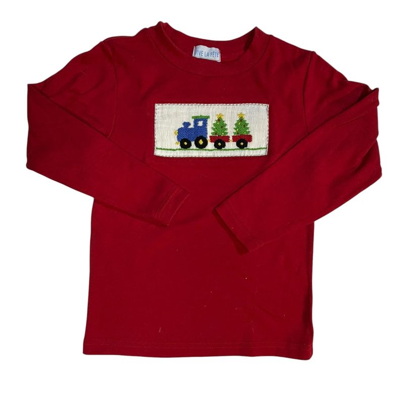 3 | Vive La Fête | Red Long-Sleeve Smocked Christmas Train Shirt | GUC