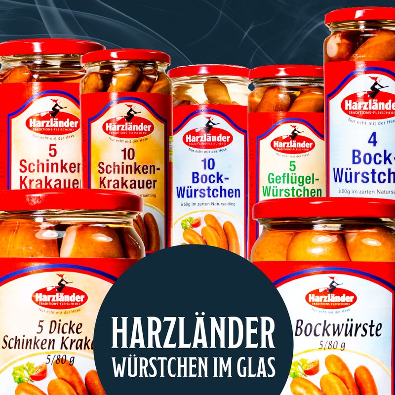 Harzländer Würstchen im Glas jars with red lids and labels for Schinken Krakauer, Bockwürstchen and