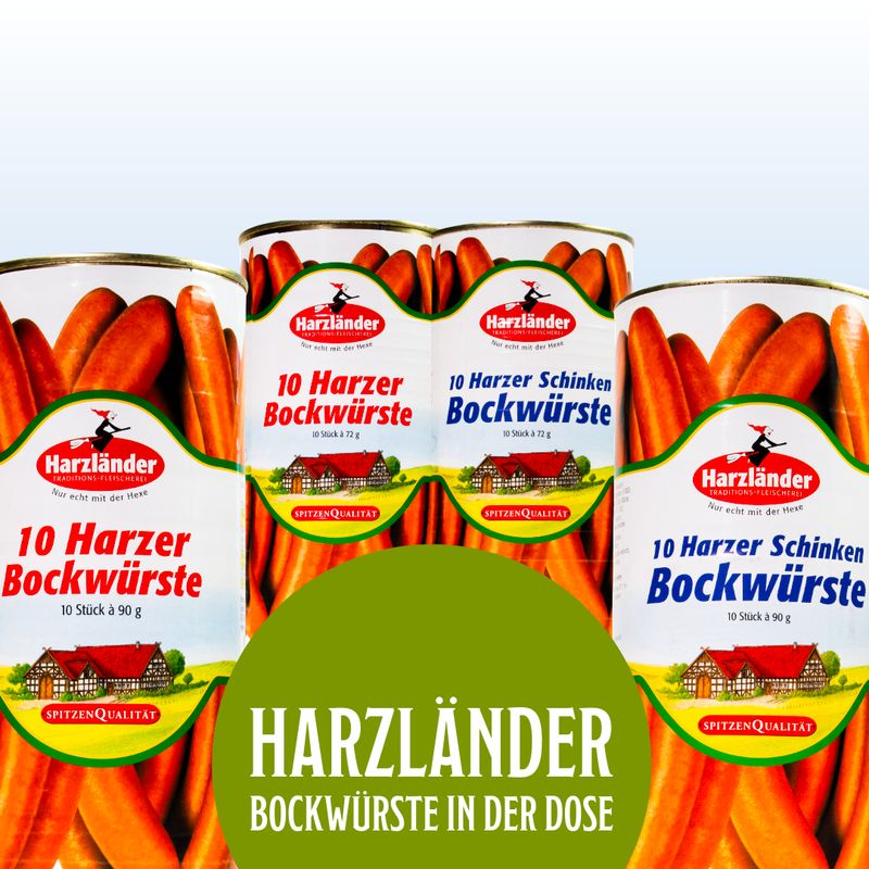 Harzländer Bockwürste, verpackt in einer leuchtend grünen und roten Werbeverpackung