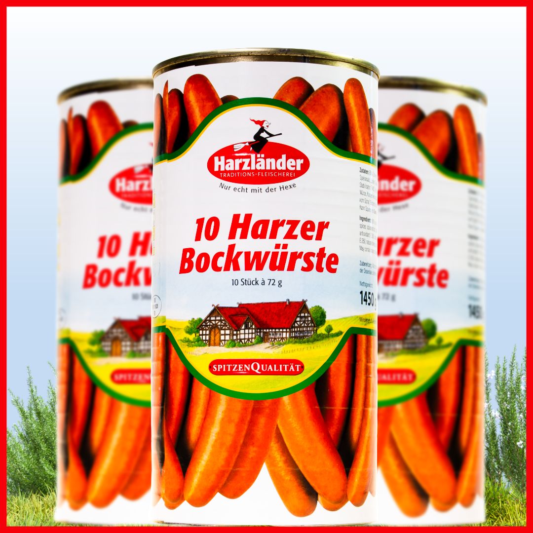 Drei Dosen Harzer Kochwürste mit roten und grünen Etiketten auf weißem Hintergrund