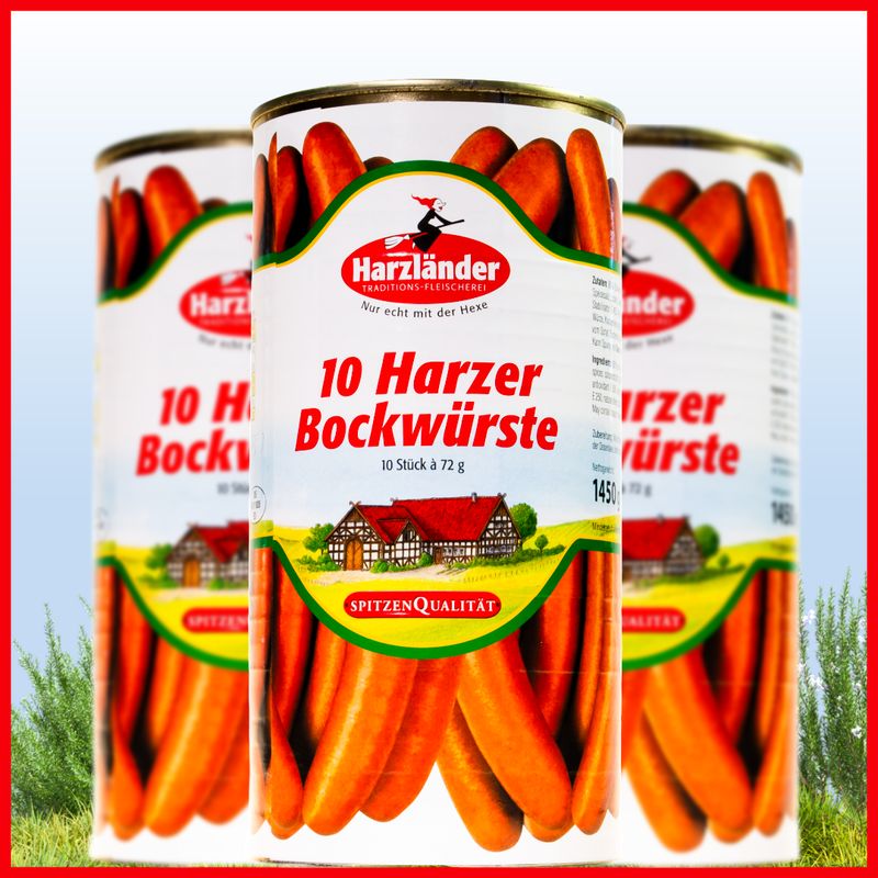 Harzländer Bockwurst 10x72g Drei Dosen Harzer Kochwürste mit roten und grünen Etiketten auf weißem Hintergrund