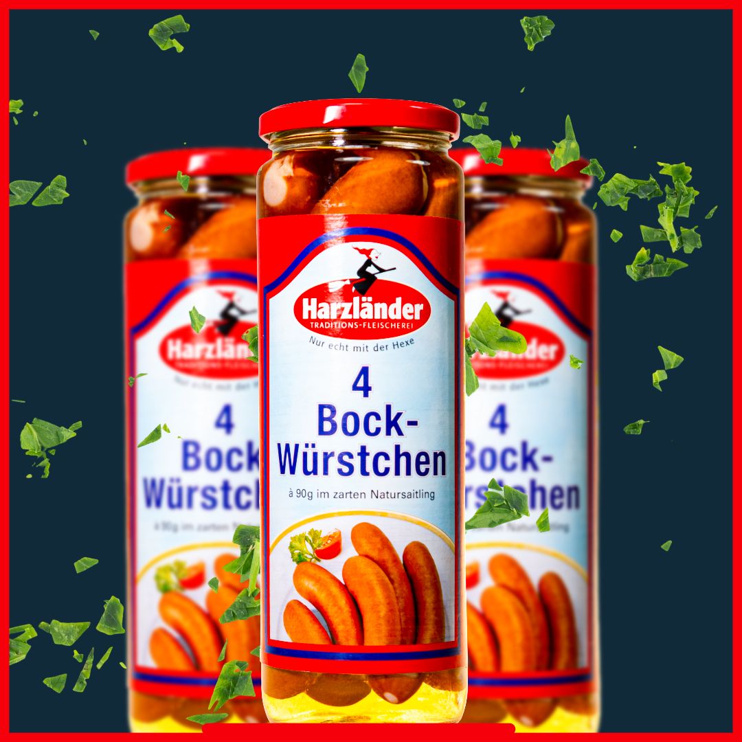 Drei Gläser Harzländer Bockwurst mit rot-weißen Etiketten auf dunklem Hintergrund