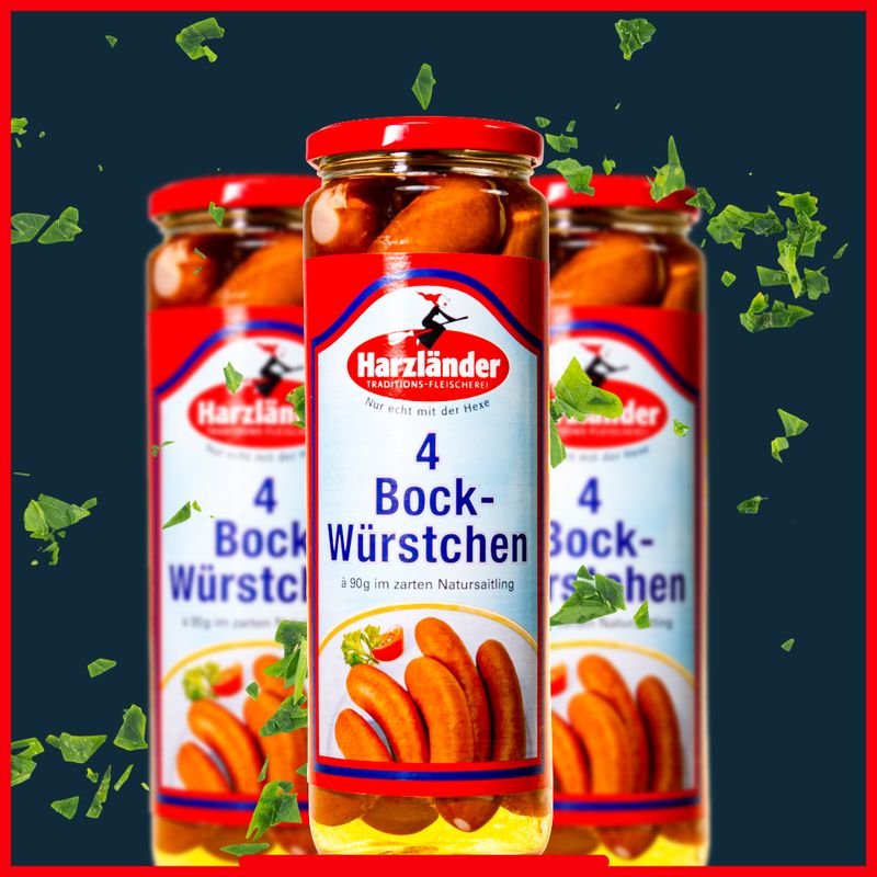 Drei Gläser Harzländer Bockwurst mit rot-weißen Etiketten auf dunklem Hintergrund