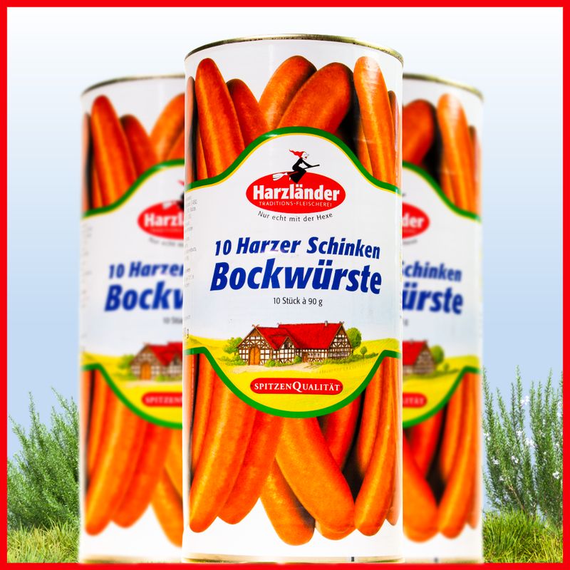 Harzländer Schinken-Bockwurst 10x90g Drei Hartlinder-Bierwurstdosen mit roten, weißen und grünen Etiketten und Würsten vor