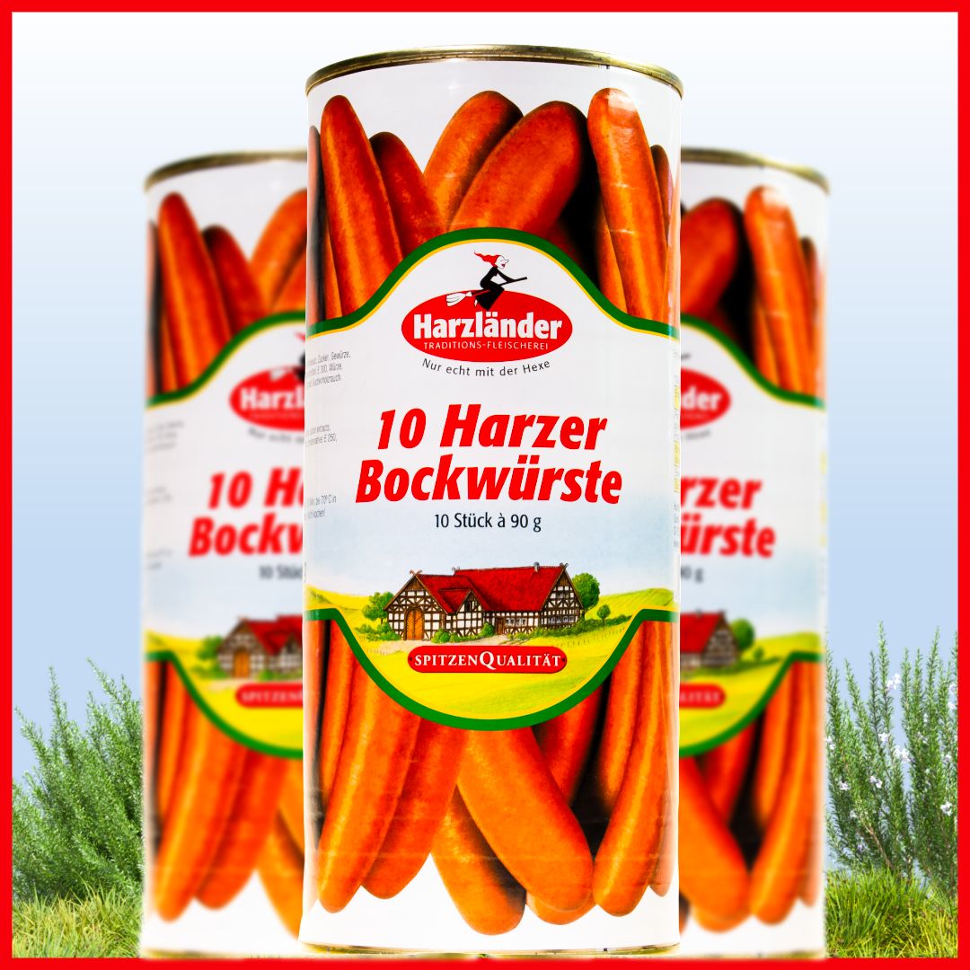 Three cans of Harzländer 10 Harzer Bockwürste sausages on a white background