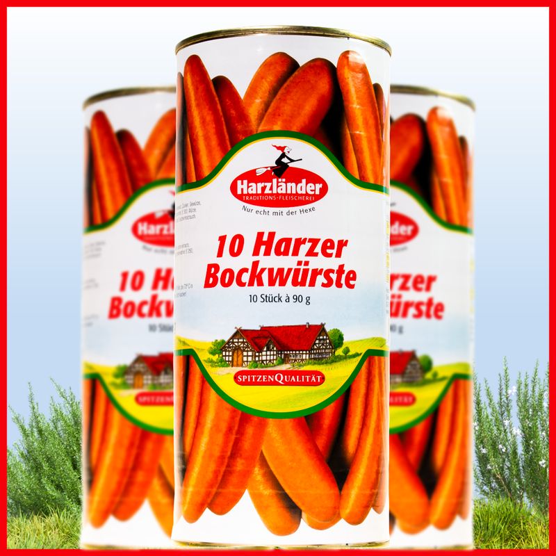 Harzländer Bockwurst 10x90g Three cans of Harzländer 10 Harzer Bockwürste sausages on a white background