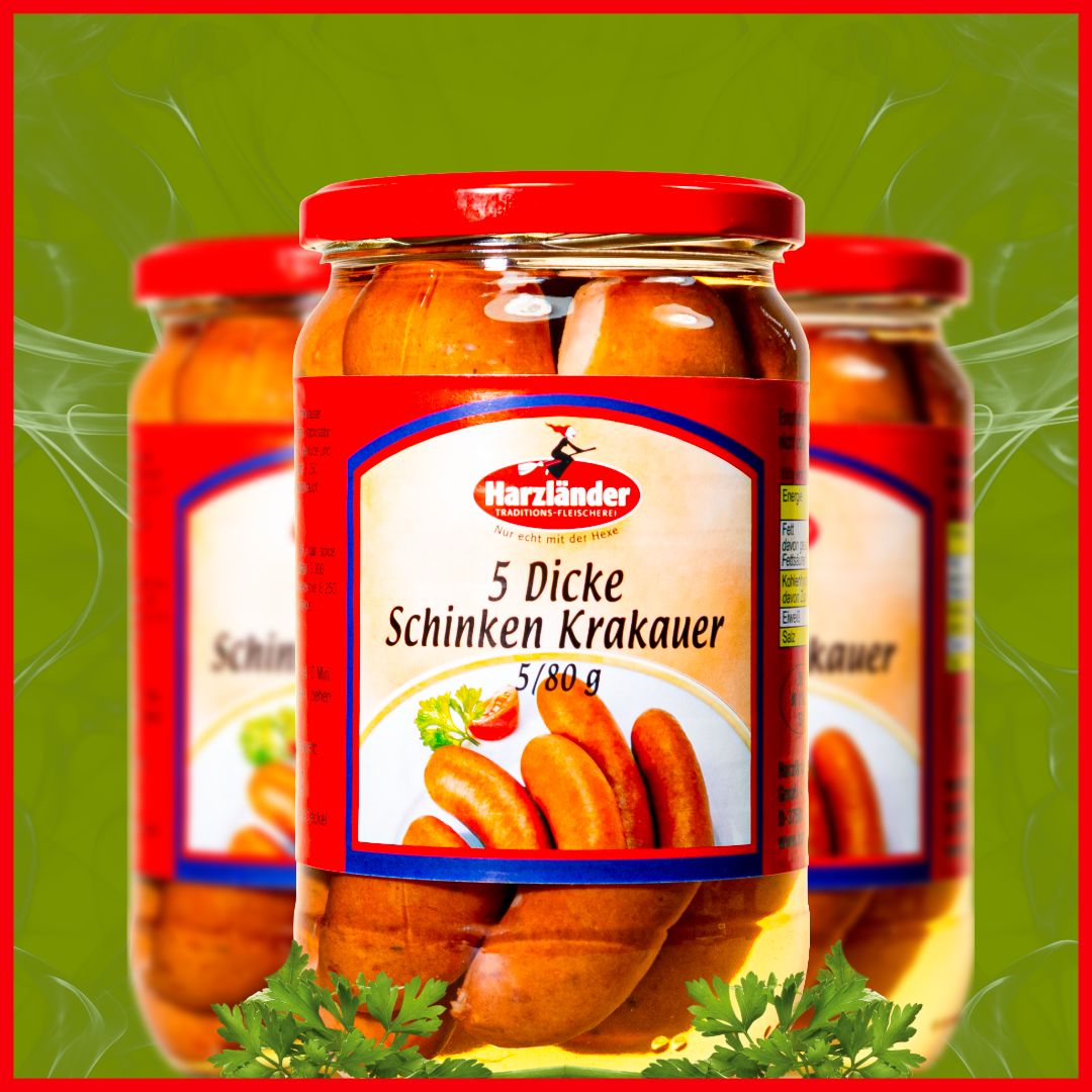 Three jars of Schindler 5 Dicke Schinken Krakauer sausages on a bright green background.