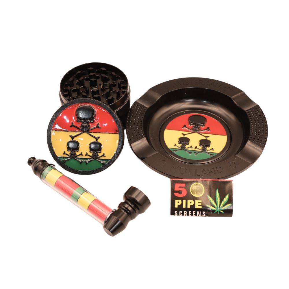 Arsenal 4Pc Onyx Rasta Skull Smoking Set