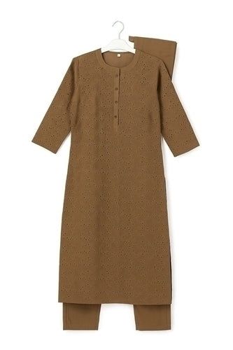 Aesha Cream Embroidered Long Kurti with Pant Set | Chikan Eyelet Floral Cutwork Cotton Blend | Brown Olive Green, Colour: Brown, Fabric: Cotton Blend, Size: L