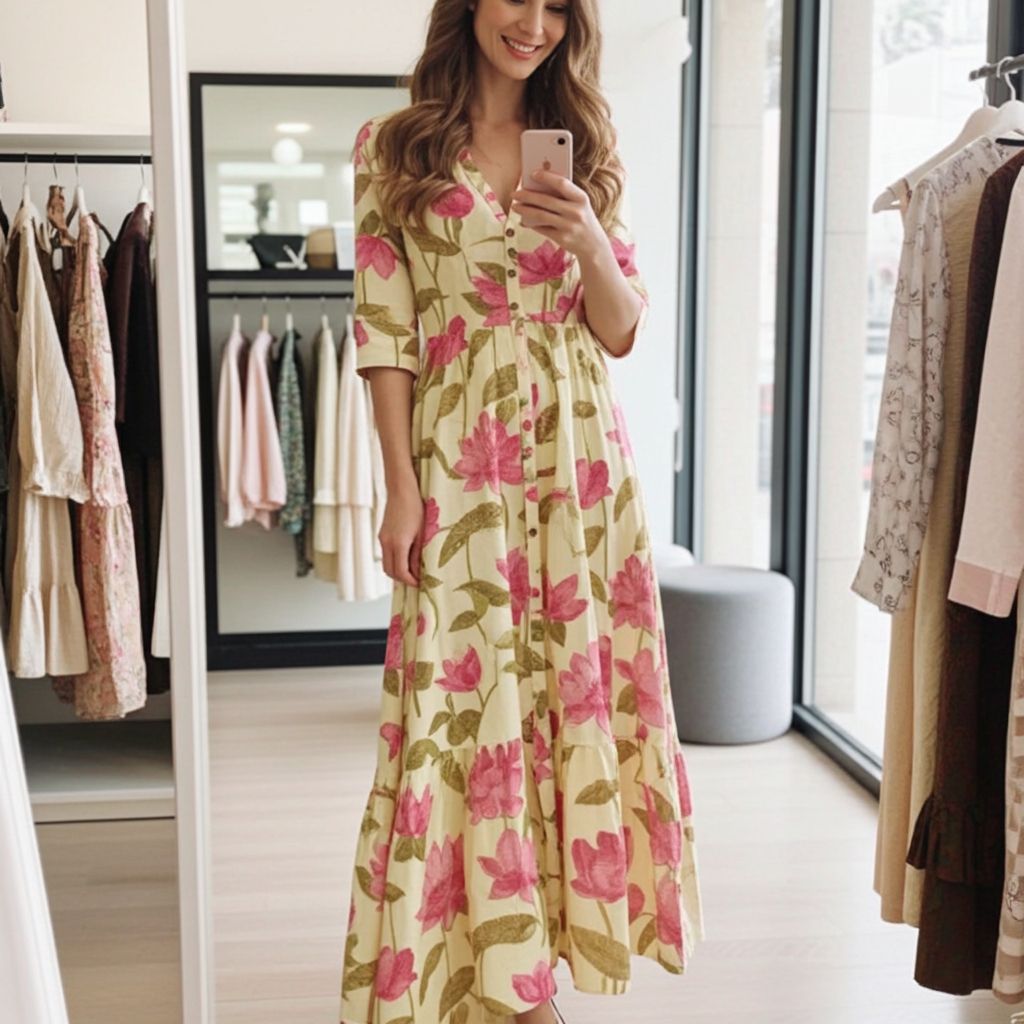 Aesha Floral Printed Maxi Dress — Pure Cotton Tiered Kurti in Pink &amp; Yellow