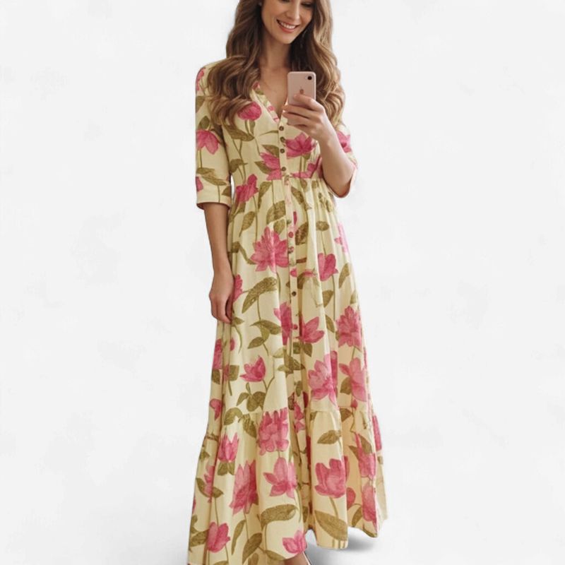 Aesha Floral Printed Maxi Dress — Pure Cotton Tiered Kurti in Pink &amp; Yellow