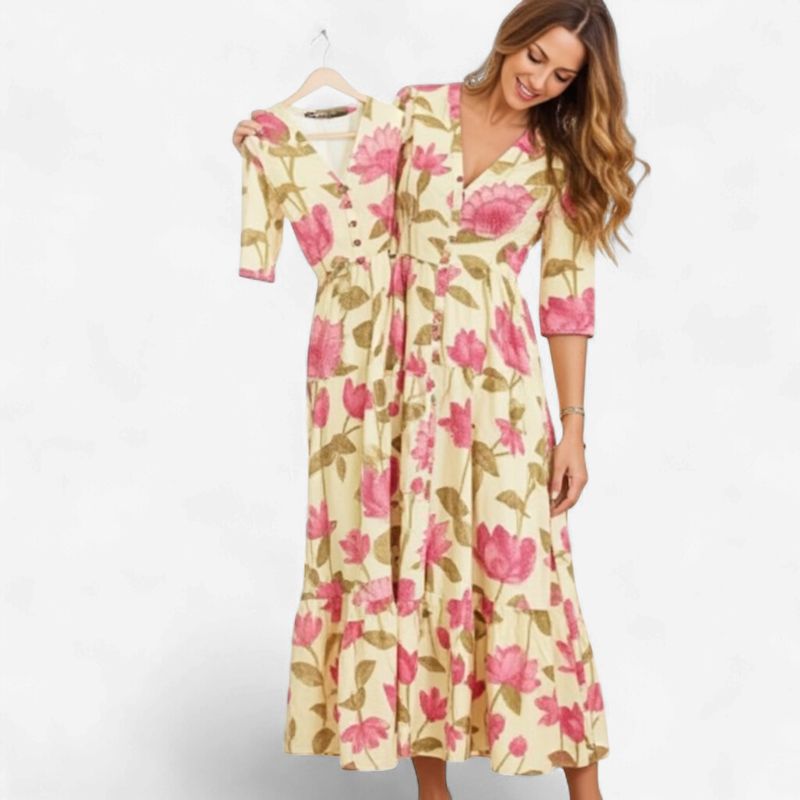 Aesha Floral Printed Maxi Dress — Pure Cotton Tiered Kurti in Pink &amp; Yellow