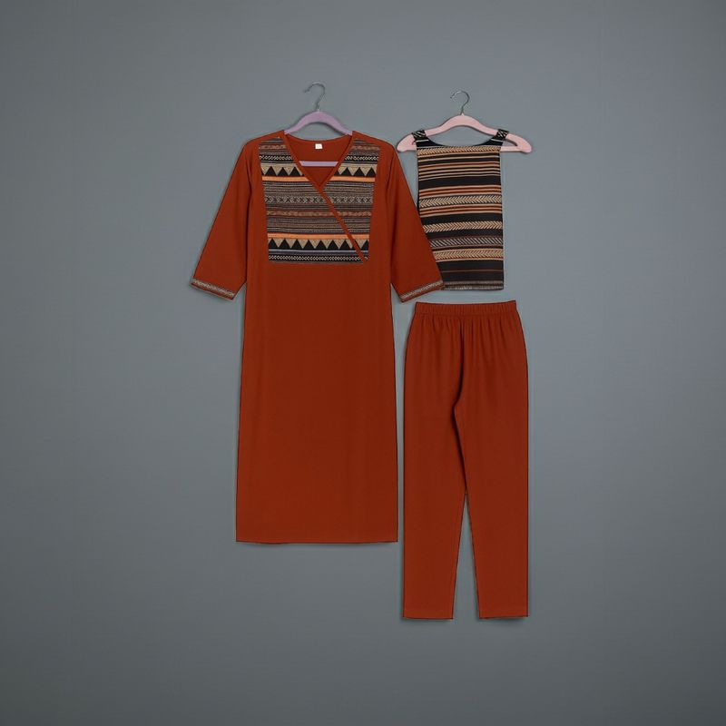 Aesha Rust Brown Tribal Embroidered Kurti with Pant &amp; Dupatta Set | Festive Ethnic Wear