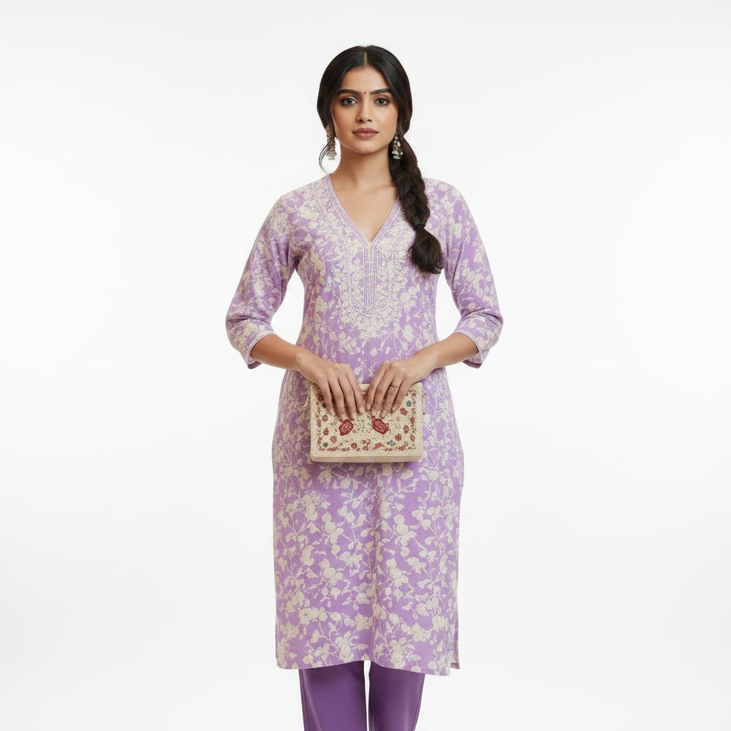 Aesha Lavender Floral Cotton Kurta Set with Embroidery &amp; Pant | Casual Ethnic Wear