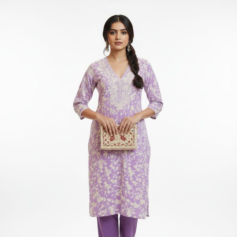 Aesha Lavender Floral Cotton Kurta Set with Embroidery &amp; Pant | Casual Ethnic Wear