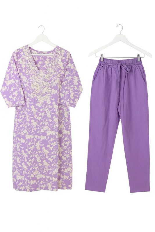 Aesha Lavender Floral Cotton Kurta Set with Embroidery &amp; Pant | Casual Ethnic Wear
