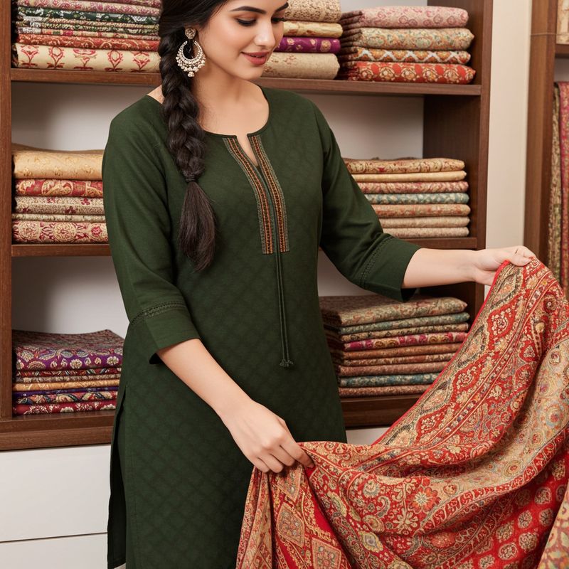 Aesha Dark Green Textured Kurti with Pant Set | Self-Textured Weave Minimal Embroidery Cotton Blend | Office Festive