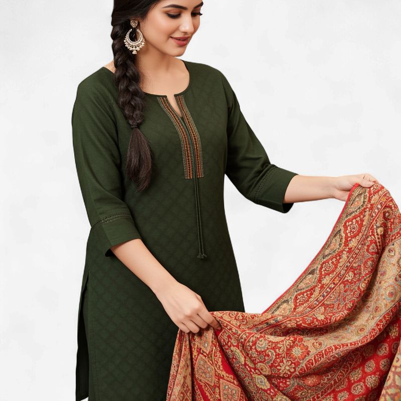 Aesha Dark Green Textured Kurti with Pant Set | Self-Textured Weave Minimal Embroidery Cotton Blend | Office Festive