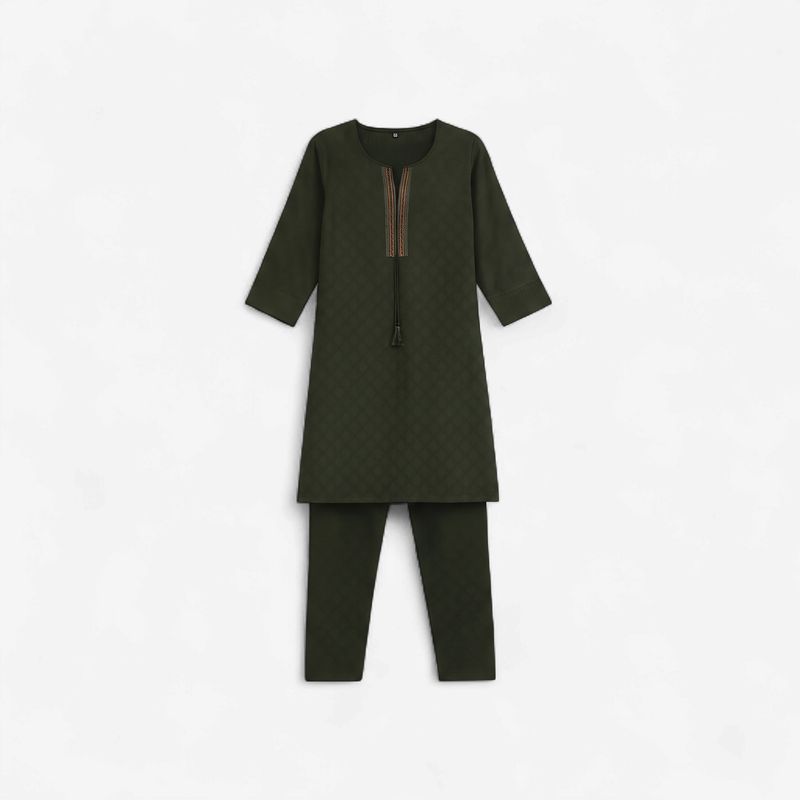 Aesha Dark Green Textured Kurti with Pant Set | Self-Textured Weave Minimal Embroidery Cotton Blend | Office Festive