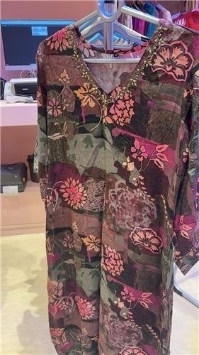 Aesha Floral Printed Kurti with Solid Magenta Bottom | Wine Olive Pink Bead Neckline Rayon | Festive Casual, Colour: Olive Green / Magenta, Fabric: Cotton Blend, Size: L