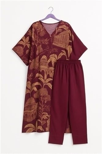 Aesha Maroon Printed Kaftan Style Kurti with Pant Set | Abstract Floral Rayon Blend | Casual Festive Resort Wear, Colour: Maroon, Fabric: Rayon, Size: L