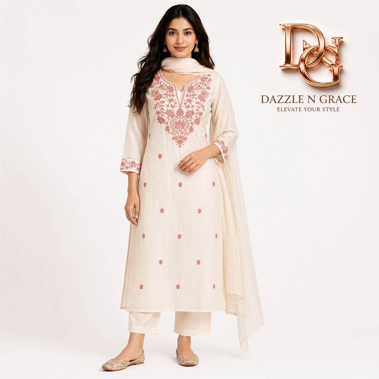 Aesha White Cotton Kurta Set with Maroon Hand Embroidery &amp; Pant | Casual Ethnic Wear