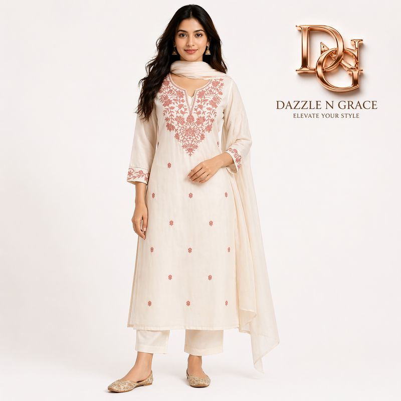 Aesha White Cotton Kurta Set with Maroon Hand Embroidery &amp; Pant | Casual Ethnic Wear