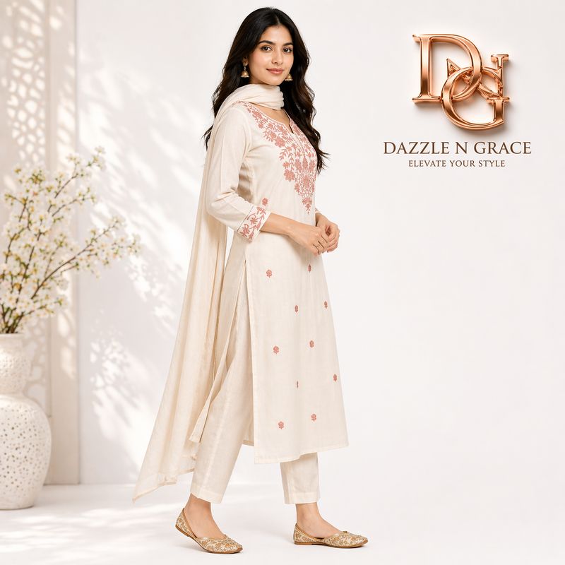Aesha White Cotton Kurta Set with Maroon Hand Embroidery &amp; Pant | Casual Ethnic Wear