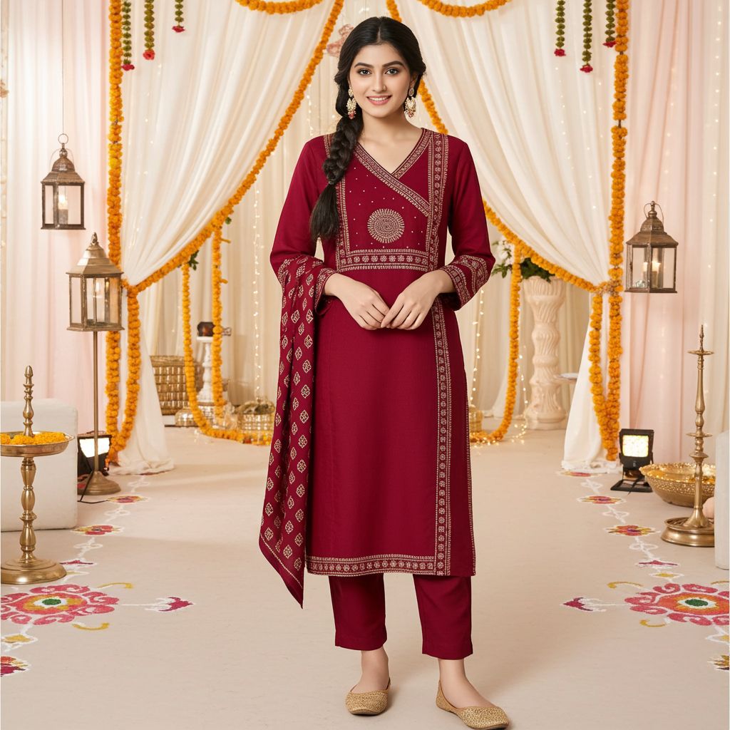 Aesha Maroon Cotton Printed Kurti Set with Dupatta | Festive Casual Ethnic Wear