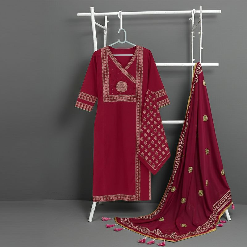 Aesha Maroon Cotton Printed Kurti Set with Dupatta | Festive Casual Ethnic Wear