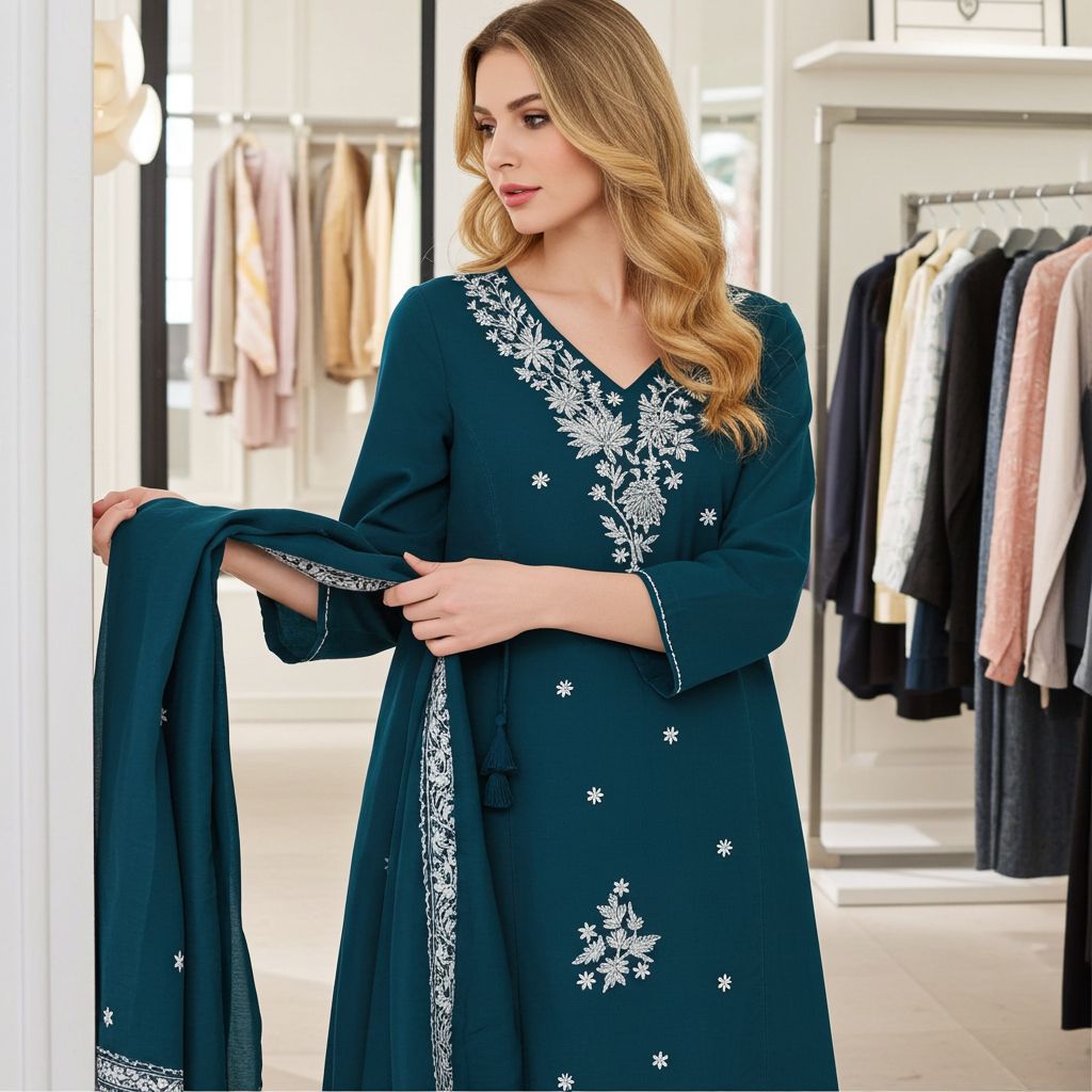Aesha Teal Blue Floral Embroidered Kurti with Pant &amp; Dupatta Set | Festive Party Wear, Colour: Tel Blue Floral, Fabric: Cotton, Size: XXL