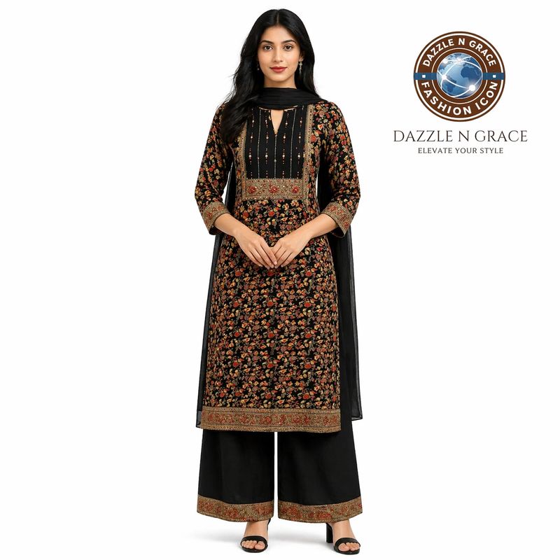 Black Floral Printed Suit Set with Embroidered Yoke, Pant &amp; Dupatta | Festive Ethnic Wear