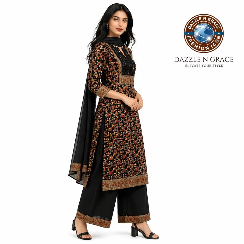 Black Floral Printed Suit Set with Embroidered Yoke, Pant &amp; Dupatta | Festive Ethnic Wear